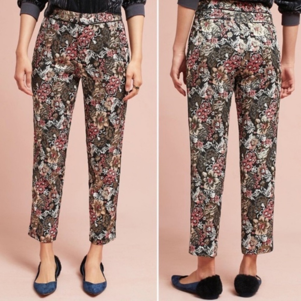 New Anthropologie Maeve Black Jacquard Pants Sz 8 - Picture 2 of 8